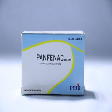 Blue and white Panfenac tablet box with a yellow curved design, labeled 'PANFENAC TABLETS' and '10 x 10 tablets', plus a 'merit' logo on the bottom right.