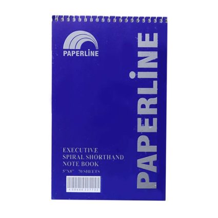 Blue spiral-bound notebook with a white Paperline logo and the word PAPERLINE printed vertically on the cover; front reads 'EXECUTIVE SPIRAL SHORTHAND NOTE BOOK'.