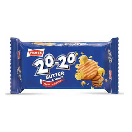 Blue Parle 20-20 Butter Cookies package showing the product name and cookie illustration, with a red 'New Improved' badge.