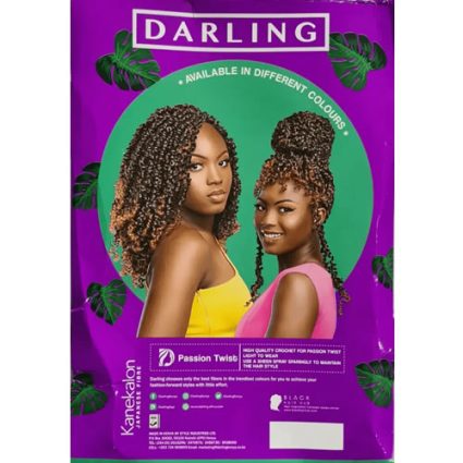 Purple Darling hair product package featuring two women with braided twists against a green circle on a purple bag.