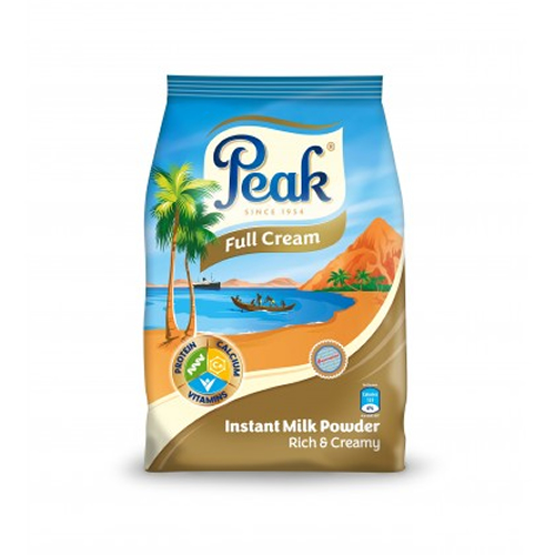 Peak 360g Full Cream Milk Refill - Imavug Peak Full Cream Instant Milk Powder package with tropical beach scene and palm trees, blue sky, and mountains, label reads 'Full Cream'.