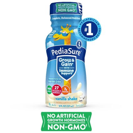 PediaSure Grow & Gain vanilla nutritional shake for kids, advertised as no artificial growth hormones and non-GMO.