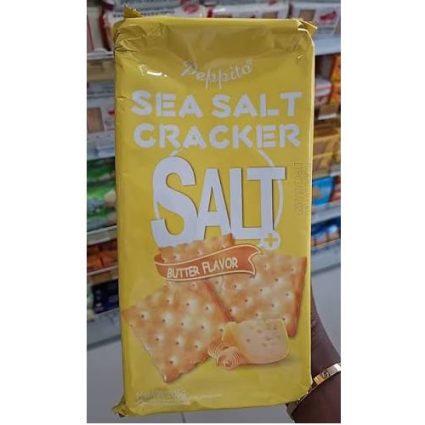 Yellow package of sea salt crackers with butter flavor, showing crackers on the front.