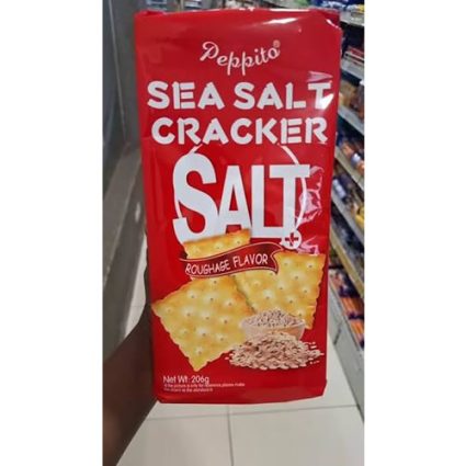 Red bag of Peppito Sea Salt Crackers, with large white text and an image of crackers on the front.