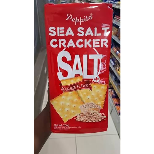 Peppito Sea Salt Cracker Salt Roughage Flavour - Imavug Red bag of Peppito Sea Salt Crackers, with large white text and an image of crackers on the front.