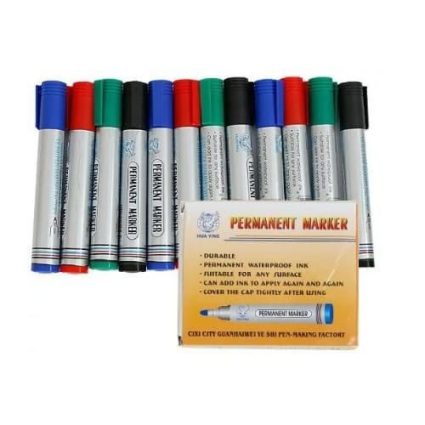 Assorted permanent markers with color caps arranged behind a yellow box labeled Permanent Marker.