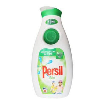 Persil Bio laundry detergent bottle with a green cap and prominent red Persil logo on a white bottle