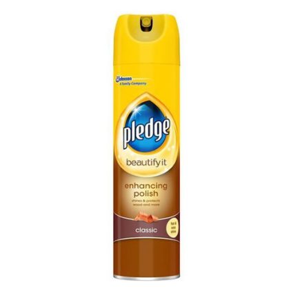 Yellow Pledge spray can for wood furniture polish, labeled 'enhancing polish' and 'classic' for shine and protection of wood surfaces.