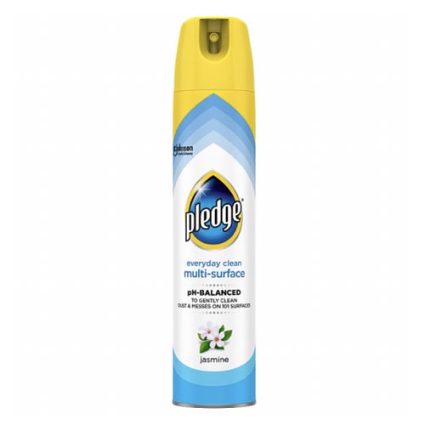 Pledge all-surface cleaner spray can with a yellow cap, blue-and-white label, jasmine scent
