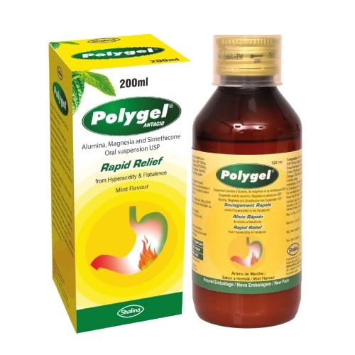 Polygel Antacid Mint Suspension For Heartburn Gas 100ml - Imavug Box and bottle of PolyGel Rapid Relief mint-flavored oral suspension, containing aluminum, magnesium and simethicone.