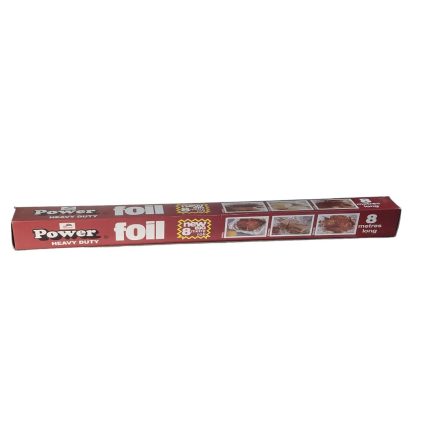 Red Power Heavy Duty foil box, 8 metres long, with images of cooked foods on the side panels.