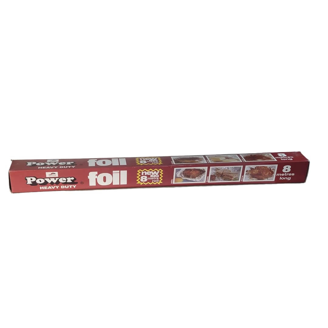 Power Heavy Duty Aluminum Foil - Imavug Red Power Heavy Duty foil box, 8 metres long, with images of cooked foods on the side panels.