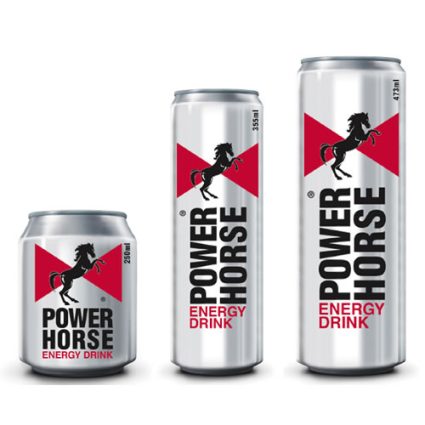 Three Power Horse energy drink cans in small, mid, and tall sizes arranged side by side; brand logo visible on each can.