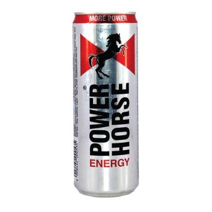 Silver Power Horse Energy drink can with a black horse silhouette and vertical 'POWER HORSE' text; 'MORE POWER' banner at the top.