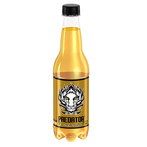 Predator Energy Drink 400ml PET Bottle - Imavug Bottle of Predator Energy drink with orange liquid and a black cap, label featuring a snarling tiger emblem and bold text Predator Energy.