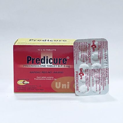 Predicure Prednisolone 5 mg tablets box with a blister strip beside it.