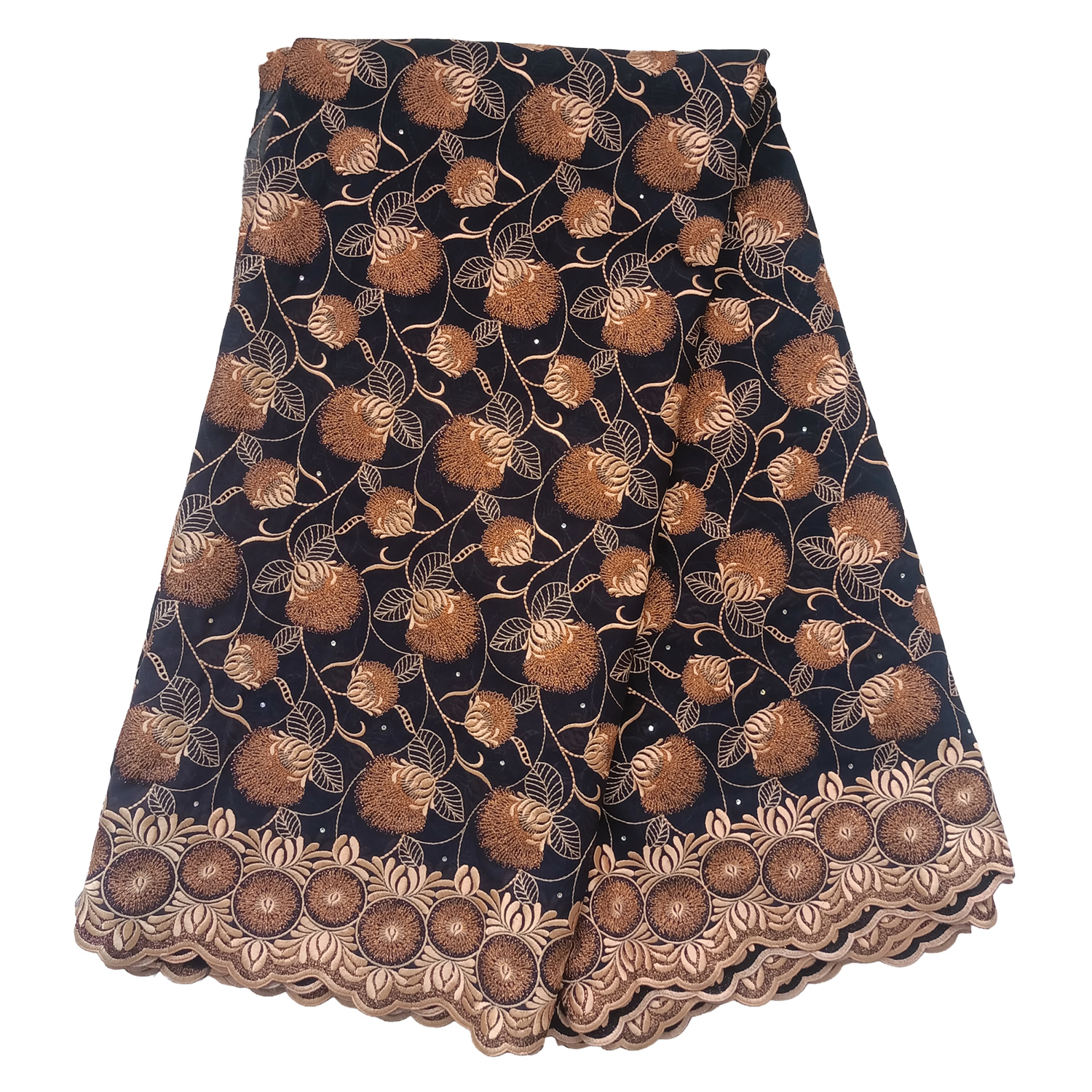 Premium Black Swiss Voile Lace Fabric with Bronze Marigold Floral Embroidery Leafy Scalloped Borders 5 Yards - Imavug Black skirt with copper floral embroidery and scalloped hem edge.