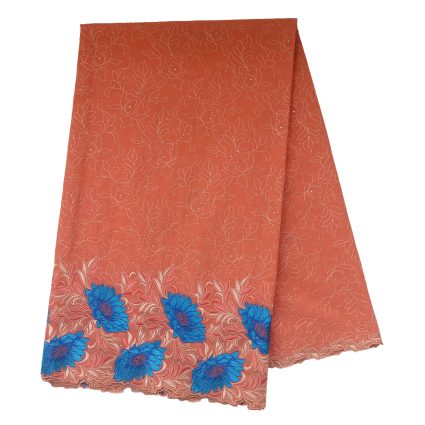 Orange scarf with pink stitched floral pattern and bright blue flowers along the bottom edge.