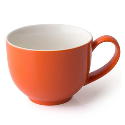 Orange ceramic mug with white interior, shown from the side on a white background.
