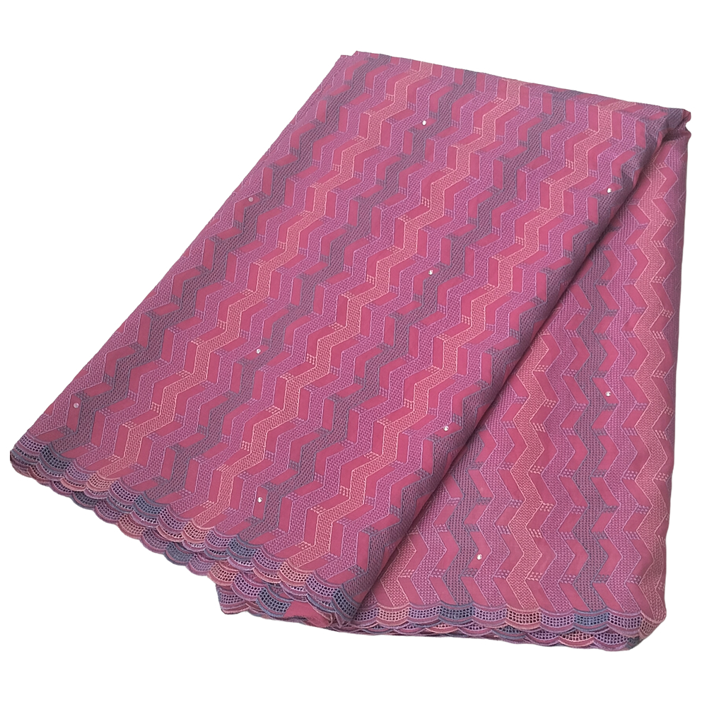 Premium Cerise Fuchsia Pink Swiss Voile Lace Fabric with Metallic Gold Floral Border Guipure-Style Lattice 5 Yards - Imavug Pink fabric folded to show its pink chevron/zigzag pattern and scalloped lace border