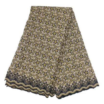 Beige fabric with dense gold and black floral embroidery and a scalloped black-gold border