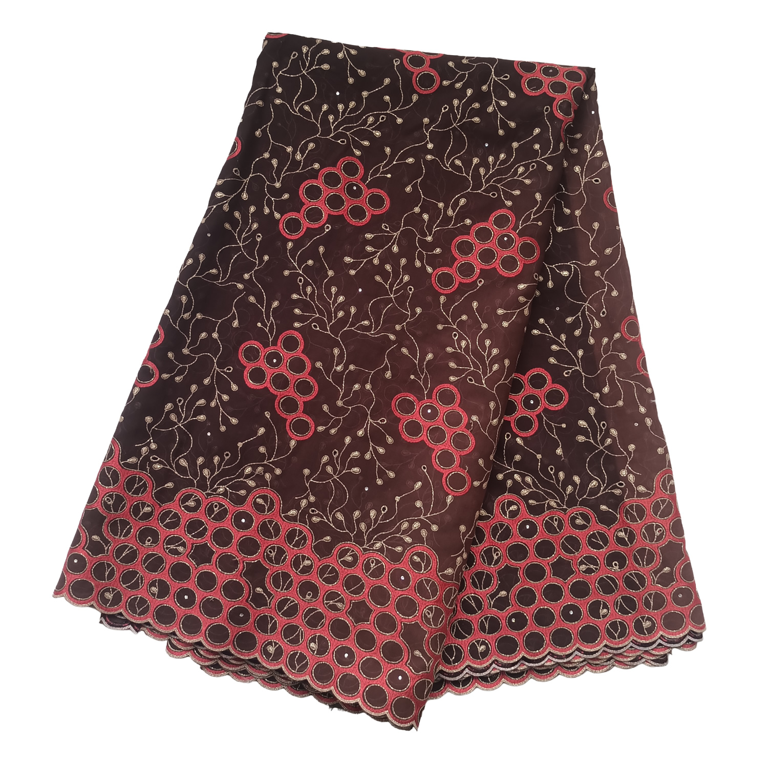 Premium Dark Brown Swiss Voile Lace Fabric with Crimson Red Circular Cluster Gold Vine Embroidery 5 Yards - Imavug Brown fabric with red circular embroidery and delicate gold vine patterns, scalloped hem.