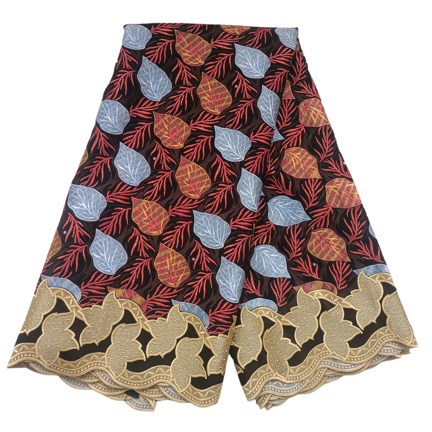Premium Dark Chocolate Brown Swiss Voile Lace Fabric with Autumnal Leaf Embroidery Metallic Gold Scalloped Border 5 Yards - Imavug Layered African-print fabric with red branch-like leaves and blue and gold leaves on a black background, edged with gold scalloped lace trim.