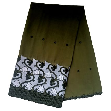 Olive-to-black gradient skirt with decorative black floral lace panel at the hem and a scalloped edge.