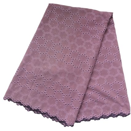 Purple lace fabric with circular floral pattern and scalloped edges, folded neatly for display