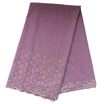 Purple scarf-like fabric with an allover subtle pattern and a bottom edge adorned with yellow-edged floral embroidery and a scalloped hem.