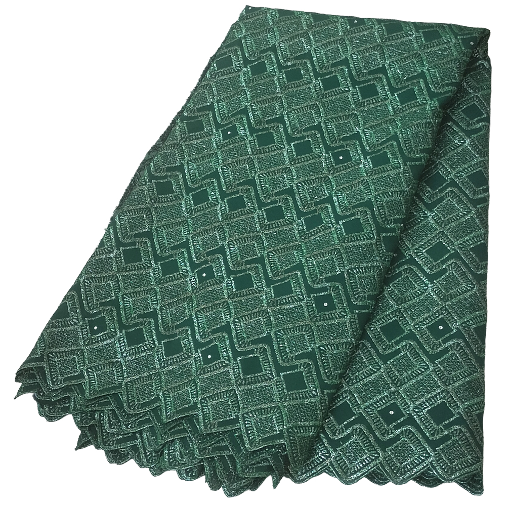 Premium Emerald Green Swiss Voile Lace Fabric with Geometric Diamond Maze Embroidery 5 Yards - Imavug Green fabric with a repeating geometric square pattern, folded to show texture and edges.