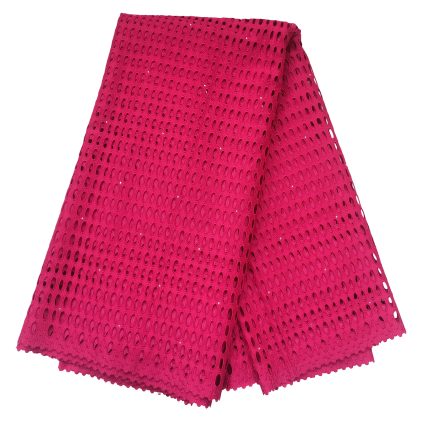 Bright pink perforated mesh mini skirt with oval cutouts and a scalloped hem, A-line silhouette