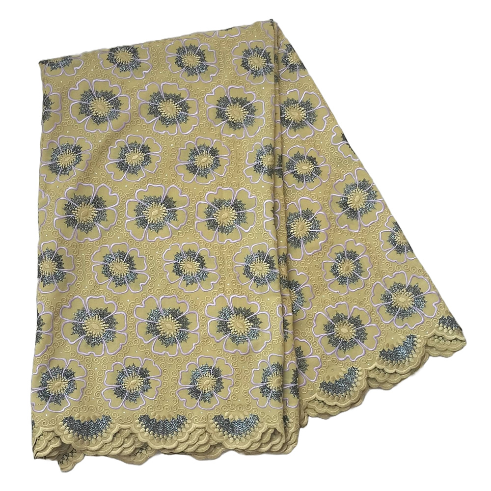 Premium Gold Swiss Voile Lace Fabric with Lilac and Silver Floral Embroidery Stone Accents 5 Yards - Imavug Yellow lace fabric with repeating blue-gray floral motifs and scalloped lace trim.
