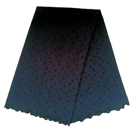 Gradient indigo to navy lace fabric with floral cutout pattern, folded neatly.