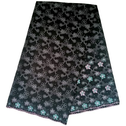 Black fabric with an allover white floral lace pattern and a pink scalloped border along the edge.