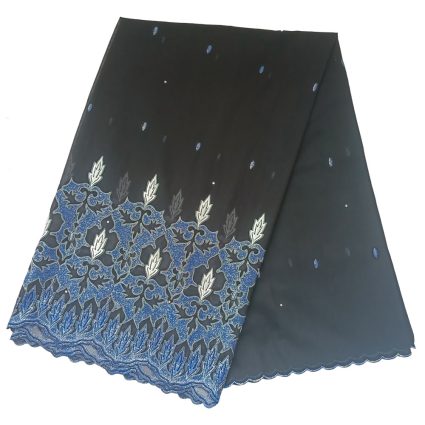 Black fabric with a blue floral lace border along the bottom and scalloped edge detail.
