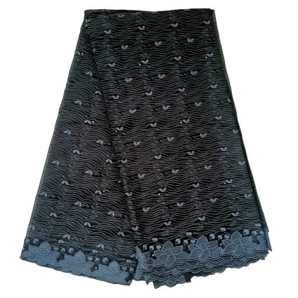 Dark blue A-line skirt with a wavy dotted pattern and a scalloped floral lace hem.