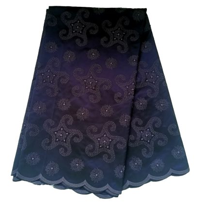 Navy to purple gradient midi skirt with intricate silver embroidery of swirls and floral motifs, scalloped hem edge.