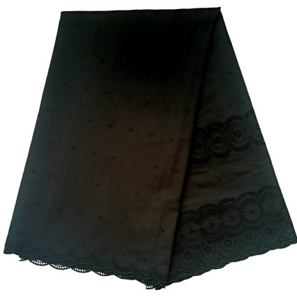 Black fabric panel with small dotted texture and decorative scalloped lace trim along the bottom edge