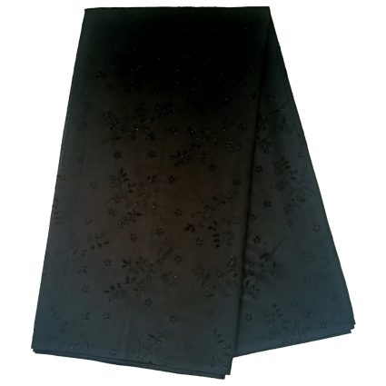 Folded fabric in a black-to-navy gradient with subtle black floral embroidery patterns.