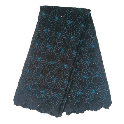 Dark blue skirt with turquoise floral lace embroidery and a scalloped hem.