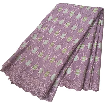 Lavender lace fabric with a floral pattern and scalloped edge, folded neatly.