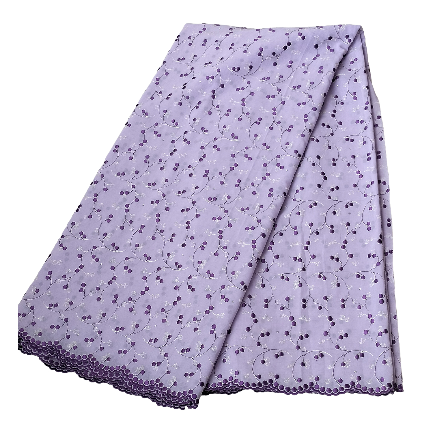 Premium Lavender Swiss Voile Lace Fabric with Deep Purple Vine Embroidery Stone Accents 5 Yards - Imavug Lavender scarf with purple berry-like vine embroidery and a scalloped edge sillhouette.