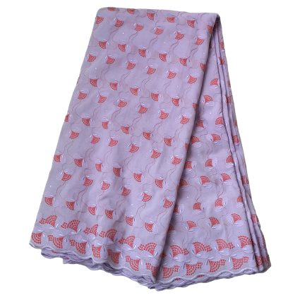 Lavender scarf with repeating red embroidered leaf patterns and a scalloped edge.