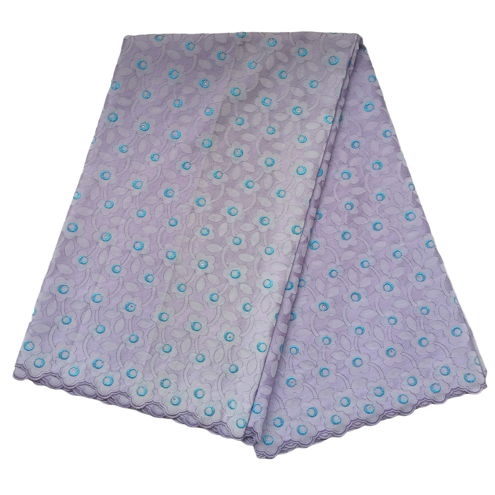 Premium Lilac Purple Swiss Voile Lace Fabric with Turquoise Eyelet Ring Floral Petal Embroidery 5 Yards - Imavug Folded lavender lace fabric with turquoise circular embroidery and scalloped edges.