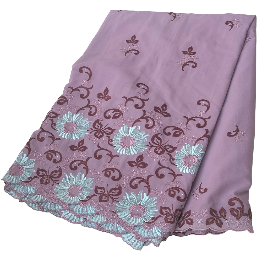Premium Mauve Lavender Swiss Voile Lace Fabric with Icy Blue Floral Medallions Deep Plum Vine Embroidery 5 Yards - Imavug Purple shawl or scarf with turquoise embroidered flowers along the scalloped hem and brown vine details at the edge.