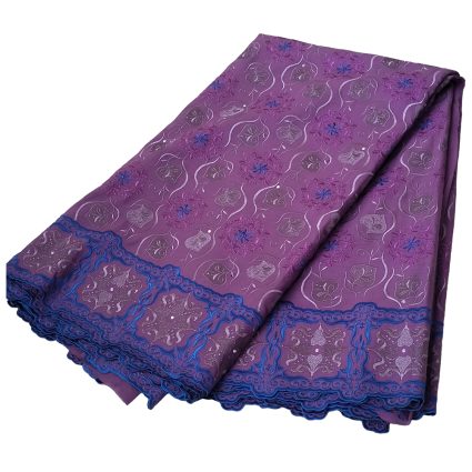 Purple scarf with blue embroidered border and floral patterns while folded.