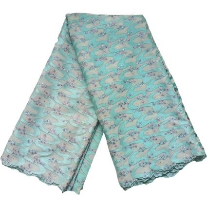 Close-up of turquoise fabric with a wavy ribbon-like teal pattern and small pink embroidered flowers; scalloped edge visible, suggesting a decorative textile like a scarf or shawl.