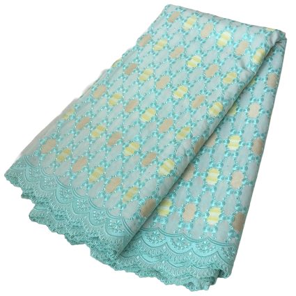 Turquoise lace fabric with an embroidered circular pattern and scalloped edge, folded neatly.