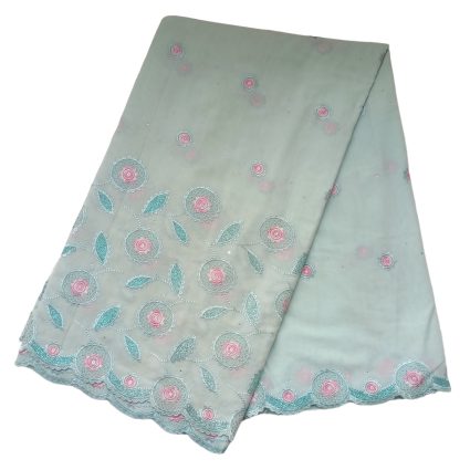 Light blue scarf with pink and turquoise embroidered floral pattern and scalloped edge.